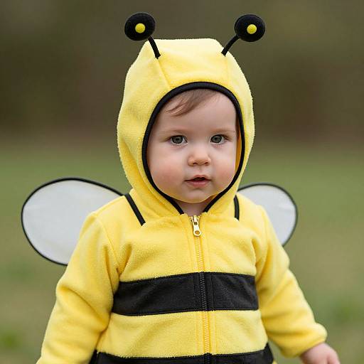 Photograph of a cute baby in a yellow bee costume with black stripes, black antennae, and white wing details, standing outdoors.