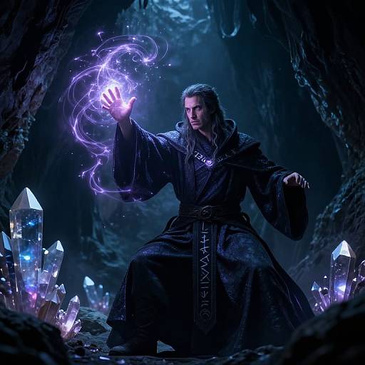 Photorealistic digital art of a dark-haired man in a black, ornate robe conjuring purple lightning in a glowing crystal cave.