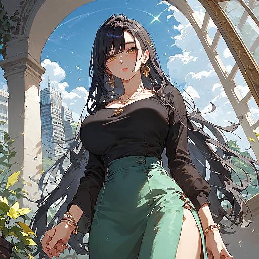 Digital anime-style illustration of a beautiful woman with long black hair, wearing a black top and green skirt, standing in a sunlit, arched garden