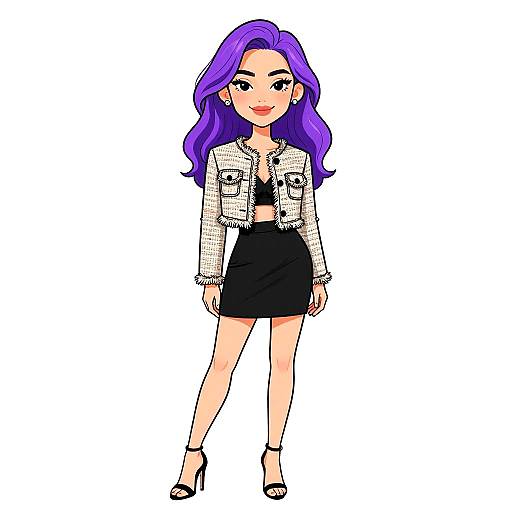 Digital drawing of a cute, anime-style woman with long purple hair, wearing a white mesh jacket, black skirt, and high heels.