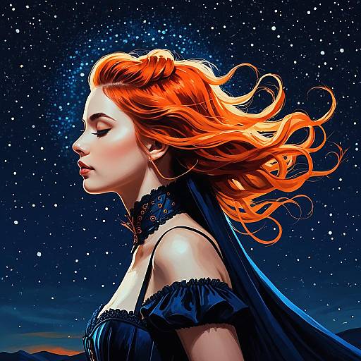 Enchantress with Fiery Hair and Starry Night Background