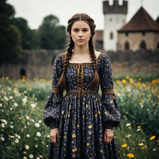 Enchanting Girl in a Medieval Flower Dress