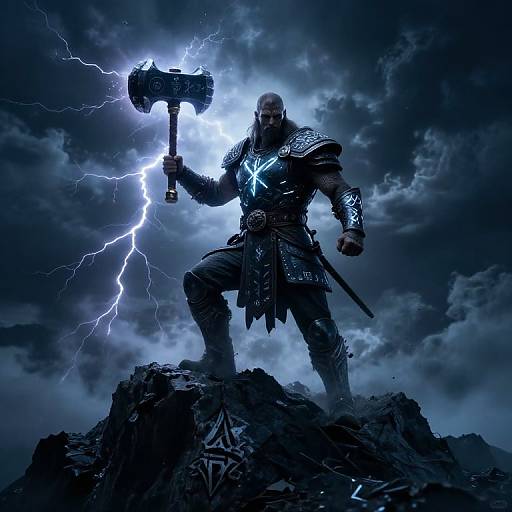 Powerful digital artwork of a muscular, armored warrior with glowing blue emblem, holding a lightning-infused hammer, standing on a rocky peak in a storm