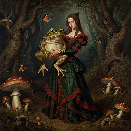 Digital fantasy artwork of a woman in a dark green, red-accented dress holding a large, green frog in a forest with mushrooms and orange butterflies
