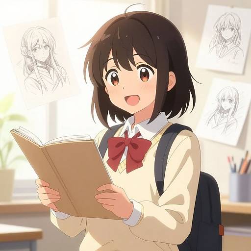 Anime-style digital drawing of a cheerful brown-haired girl in a school uniform, holding a book, with two sketchy background figures.