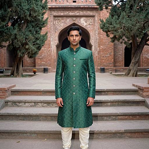 Photograph of a South Asian man in a green embroidered kurta and white pants, standing on stone steps in front of a red-brick archway