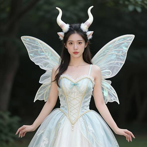 Photograph of an Asian woman with pale skin, black hair, white horns, and transparent fairy wings, wearing a silver, strapless, glittery