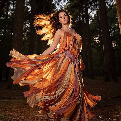 Photograph of a woman with long brown hair, wearing a flowing, fiery orange dress, dancing in a dark forest at sunset.