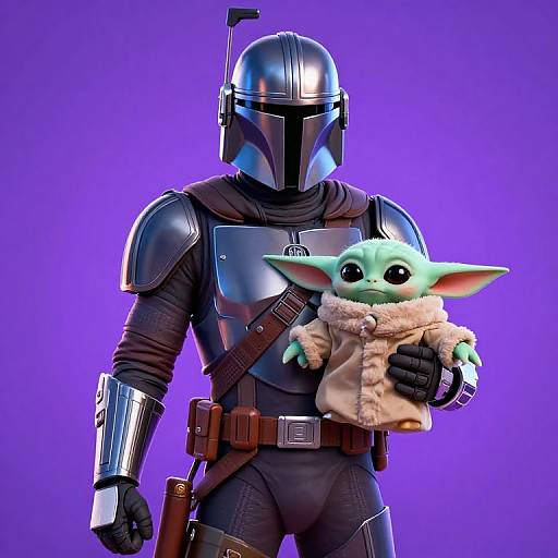 Digital CGI image of a armored Mandalorian holding a green, furry-cloaked, big-eyed creature against a vibrant purple background.