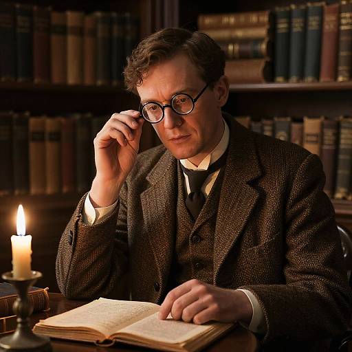 Photograph of a scholarly man with glasses, brown textured suit, and black tie, reading by candlelight in a dim, book-filled library.