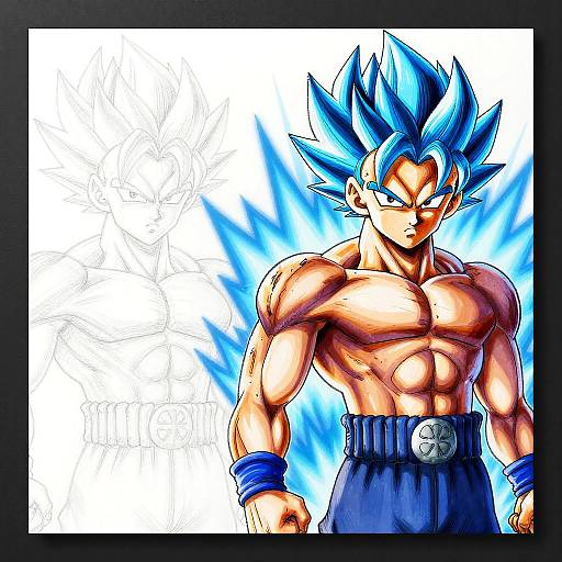 Digital anime-style drawing of a muscular, shirtless Super Saiyan with blue spiky hair, glowing blue aura, and dark pants with a silver belt