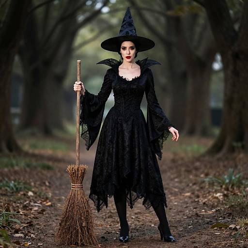 Photograph of a pale-skinned, red-lipped witch in a black lace dress, wide-brimmed hat, holding a broom, standing