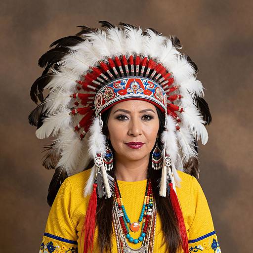 Photograph of a woman with medium brown skin, wearing a vibrant Native American headdress, yellow traditional shirt, and multiple bead necklaces, against a
