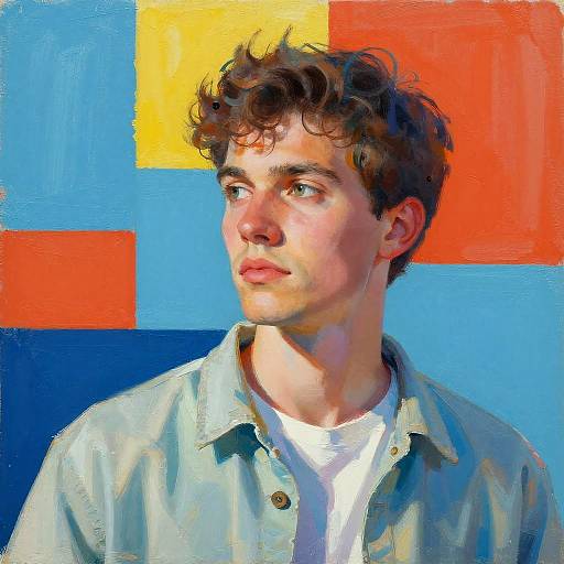 Digital painting of a young man with curly brown hair, light skin, blue eyes, wearing a white shirt and light blue denim jacket, against a vibrant