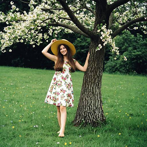 Woman in Floral Dress and Hat by Blooming Tree