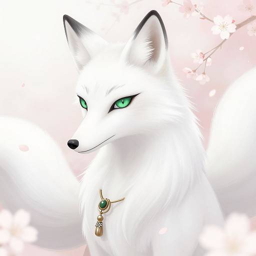 Digital painting of a white anthropomorphic fox with bright green eyes, wearing a gold necklace with an emerald pendant, set against a soft pink cherry blossom