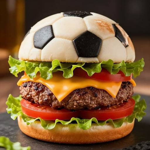 Photograph of a soccer-ball-topped burger with a beef patty, melted cheddar cheese, lettuce, tomato, and a dark background.