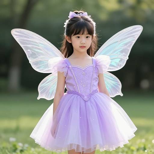 Photograph of an Asian girl with long black hair, wearing a lavender fairy dress and translucent wings, standing in a sunlit garden.