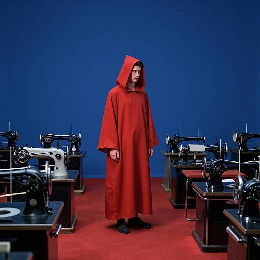 Photograph of a woman in a red hooded robe standing in a room filled with vintage sewing machines, against a blue backdrop. Red carpet contrasts with