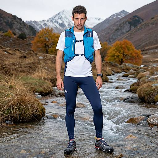 Photograph of a fit, dark-haired man in a white shirt, blue vest, and black leggings, standing in a rocky stream with autumn-colored trees