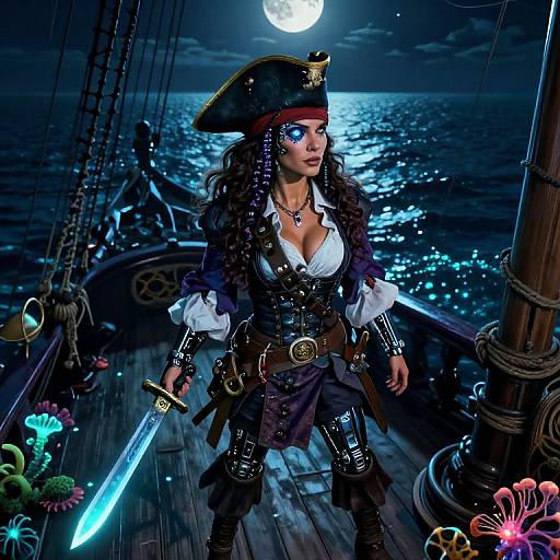 Digital art of a fierce pirate woman with glowing blue eyes, long curly hair, white blouse, black pirate coat, and hat, holding a glowing sword