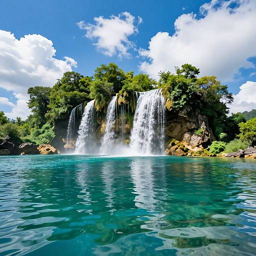 Photograph of a vibrant waterfall cascading into a clear turquoise pool, surrounded by lush green trees and rocky cliffs under a bright blue sky with fluffy white