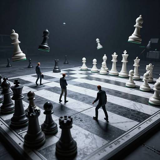 Photograph of three men in suits on a giant floating chessboard with oversized black and white pieces, set against a dark, dramatic background with spotlight effect