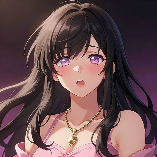 Digital anime-style portrait of a blushing young woman with long black hair, purple eyes, and a gold necklace, wearing a pink off-shoulder