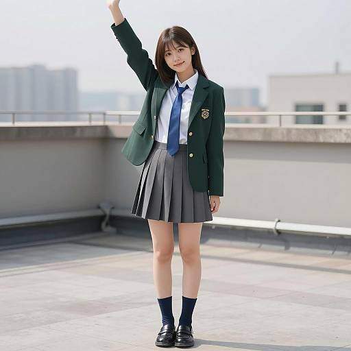 Asian Schoolgirl on Rooftop Raising Arm