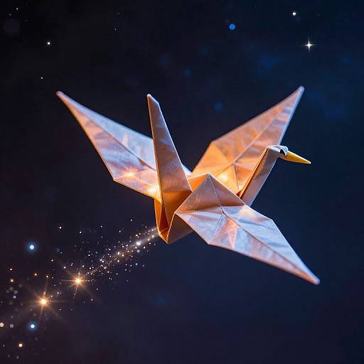 Photograph of a glowing origami bird with sharp wings, illuminated against a dark, starry background, emitting a sparkling trail.