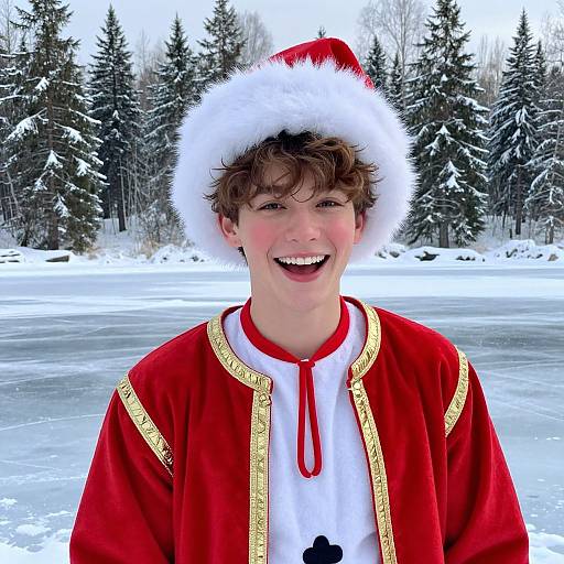 Photograph of a smiling young man with curly brown hair, wearing a red Santa hat, red robe with gold trim, white shirt, in a snowy
