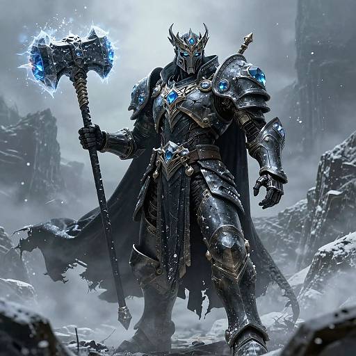 Digital fantasy art of a dark-armored, horned warrior with glowing blue eyes and hammer, standing in a snowy, ruined landscape.