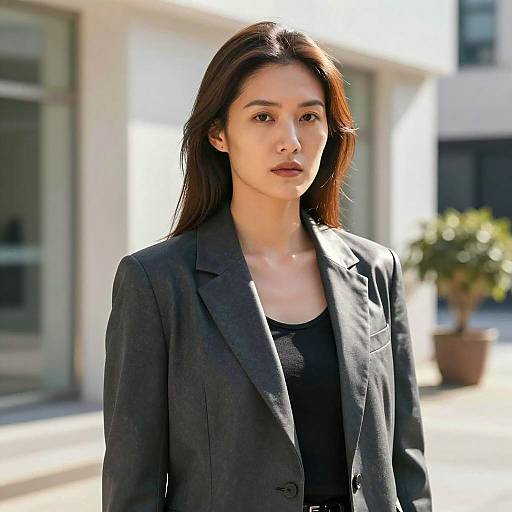 Professional Asian woman in dark grey blazer outdoors