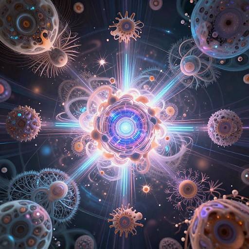 Digital artwork of a radiant, blue and white galaxy center surrounded by glowing, orb-like particles with intricate, spiky textures in a dark, starry