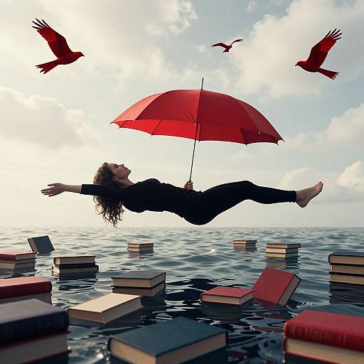 Photograph: Silhouetted woman with curly hair, black clothes, and red umbrella floating over floating books, surrounded by red birds, over ocean