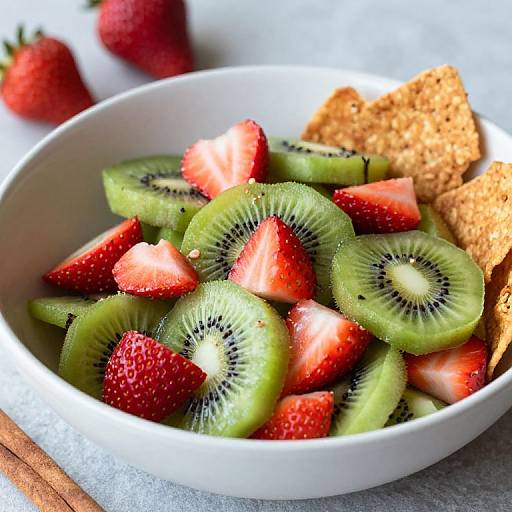 Photograph of a white bowl filled with sliced green kiwi, halved strawberries, and brown graham crackers, set on a gray surface.