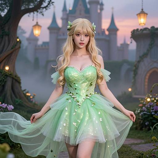 Digital fantasy artwork of a blonde woman with long hair in a green, floral-embellished, strapless, tulle dress, standing in front