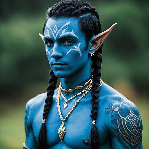 Man in Blue Avatar Costume with Jewelry and Tattoos