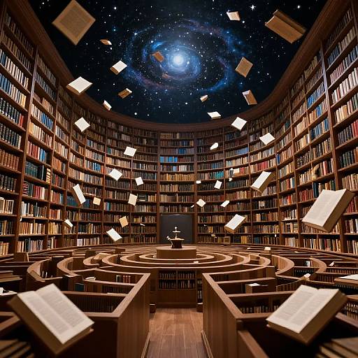 Photograph of a circular library with floating books, starry night sky ceiling, and wooden shelves filled with colorful books.