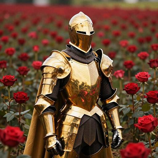 Golden Knight in Red Rose Field
