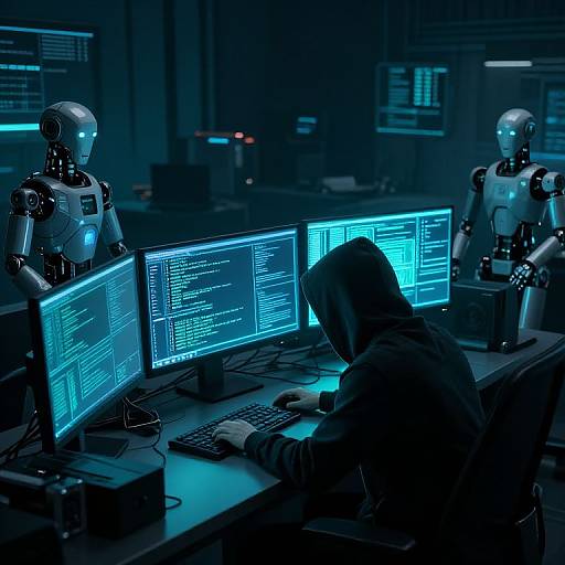 Cyberpunk-style photograph: Hooded person types on glowing blue computer screens, flanked by two robotic figures in dark, futuristic lab.