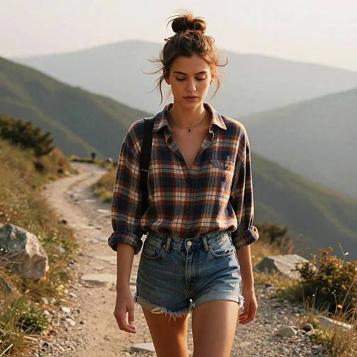 Photograph of a young woman with a topknot, wearing a plaid shirt and denim shorts, walking on a mountain trail with sunlight highlighting her