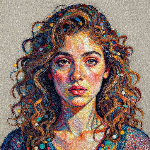 Digital portrait of a young woman with curly brown hair, colorful splatter effects, and a neutral expression, set against a plain white background.