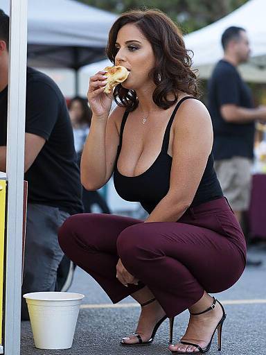 Photograph of a curvy woman with dark wavy hair, wearing a black tank top and maroon pants, squatting and eating a sandwich in