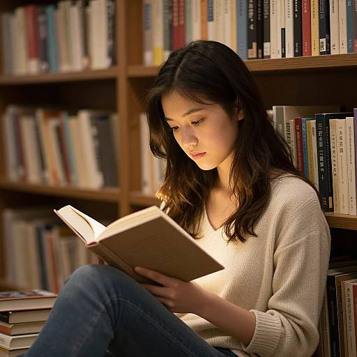 Photograph of an Asian woman with long black hair, wearing a beige sweater and blue jeans, reading a book in a warmly lit library with wooden shelves