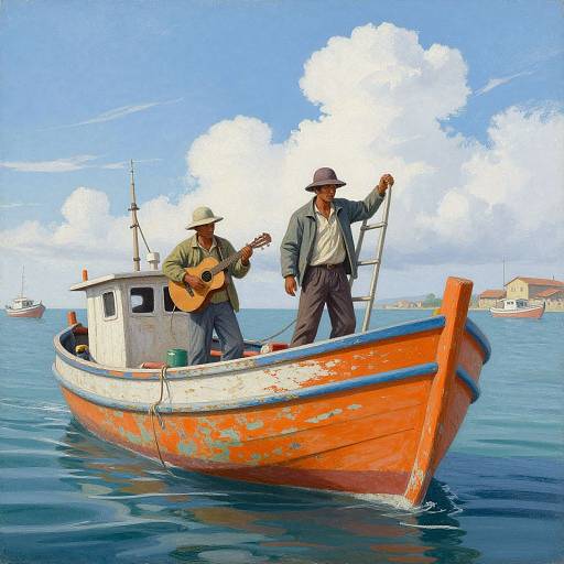 Photograph-style digital painting: Two Hispanic fishermen in worn clothes, one playing guitar, on a weathered orange boat, under a bright blue sky with