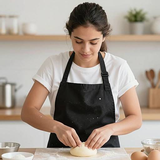 Photograph of a young woman with dark hair in a black apron and white shirt, kneading dough on a countertop.