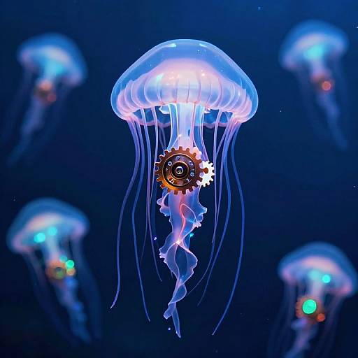Photograph of glowing blue jellyfish with gears in their centers, floating in a dark blue ocean-like background, surrounded by blurred, similarly lit jellyfish