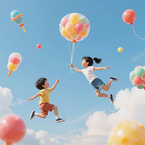 Photograph of two Asian children, one in yellow shirt and orange shorts, the other in white shirt and blue shorts, joyfully flying colorful balloons in