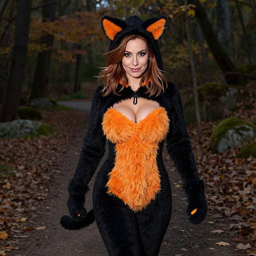 Photograph of a woman with fair skin and brown hair, wearing a black and orange fox-themed furry costume with cat ears, standing on a forest path